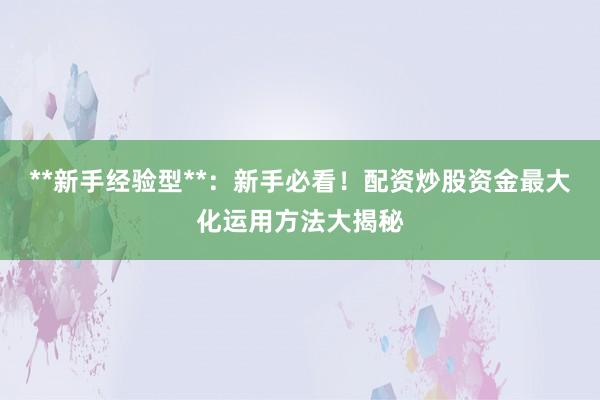 **新手经验型**:新手必看!配资炒股资金最大化运用方法大揭秘