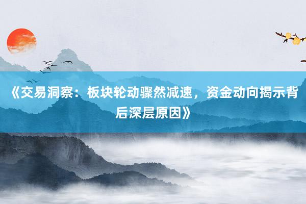 《交易洞察:板块轮动骤然减速,资金动向揭示背后深层原因》